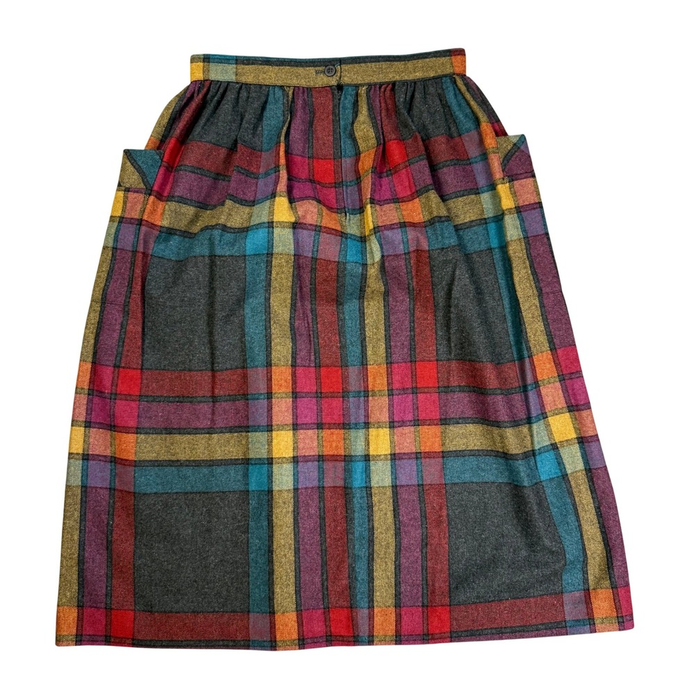 Vintage Dark Academia Mod Twee Plaid Wool Blend Midi Skirt Multi-Color Pockets
